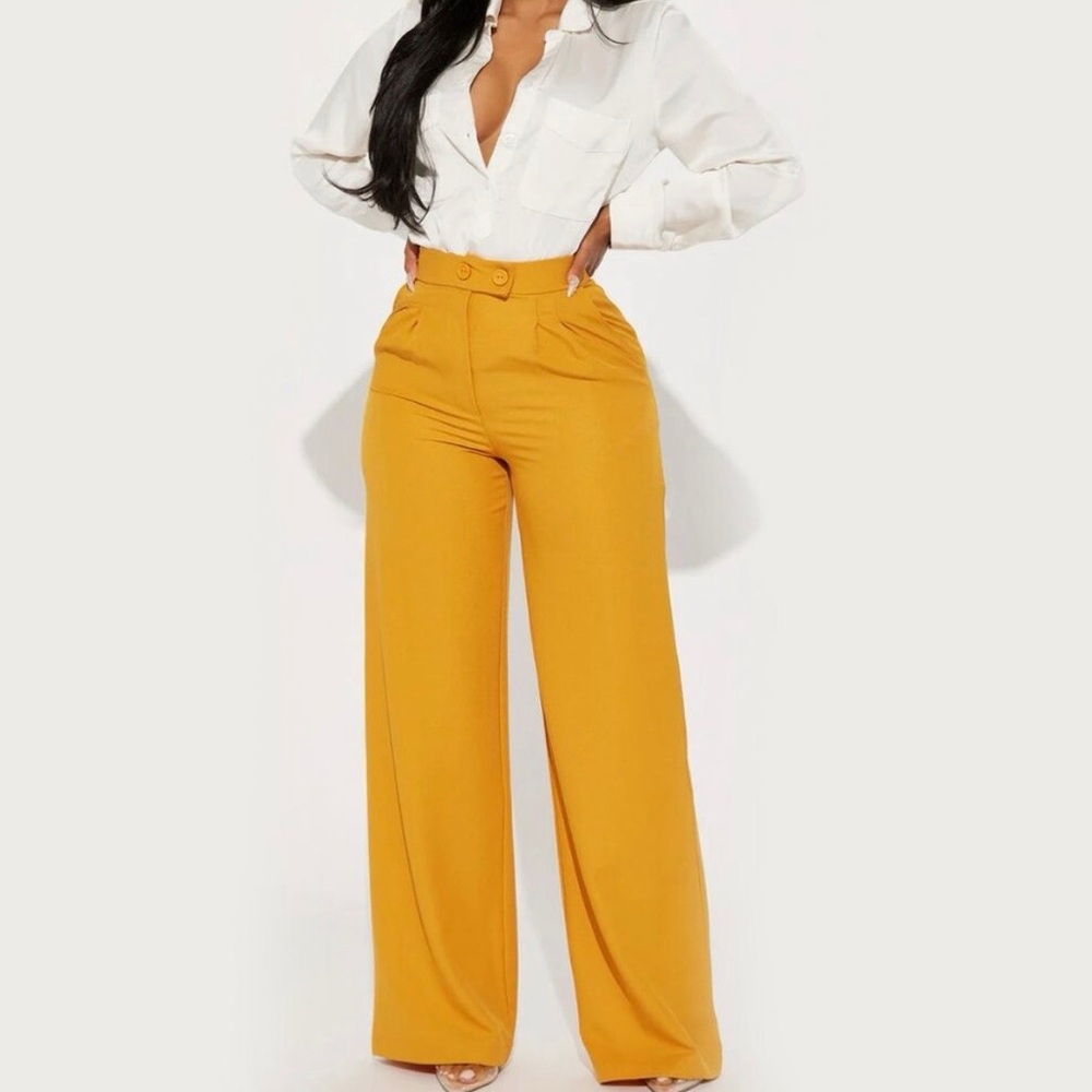 NWT Fashion Nova High-Waist Wide Leg Mustard Pants Women’s Size M Office
